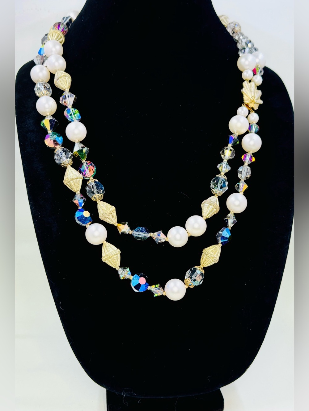 Vintage Double-Strand Faux Pearl Gold & AB Crystal Beaded Necklace W/Clasp 24”